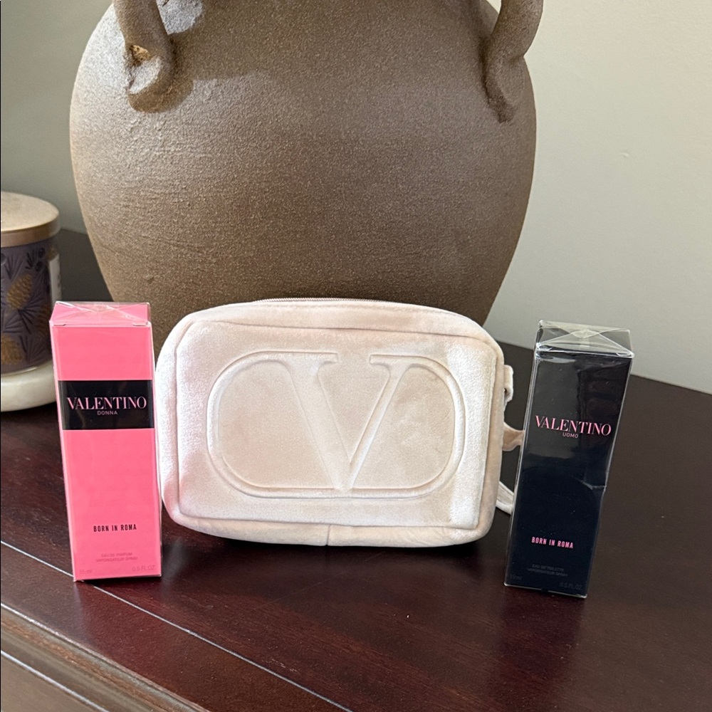 Valentino beauty bundle of velvet pouch and 2 x 15ml perfumes